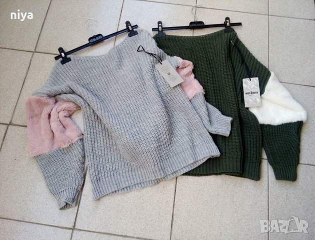 Пуловер със естествен пух на ръкава в черно и зелено - ( М, Л и ХЛ), снимка 3 - Блузи с дълъг ръкав и пуловери - 26613300