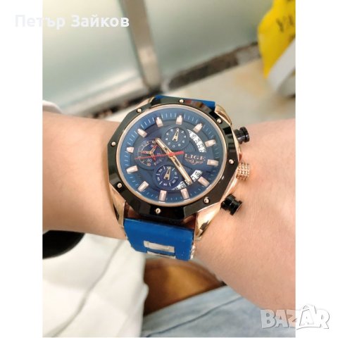 Мъжки спортен часовник хронограф с масивен цифеблат и силиконова каишка с орнаменти в розово злато, снимка 6 - Мъжки - 42938641