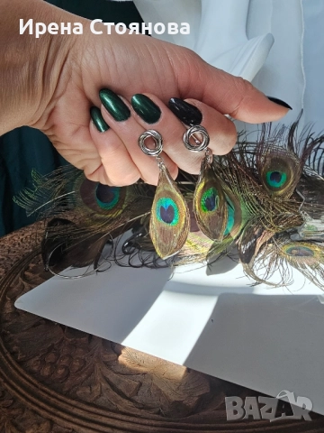 Ръчно изработени обеци с паунови пера, снимка 6 - Обеци - 52387526