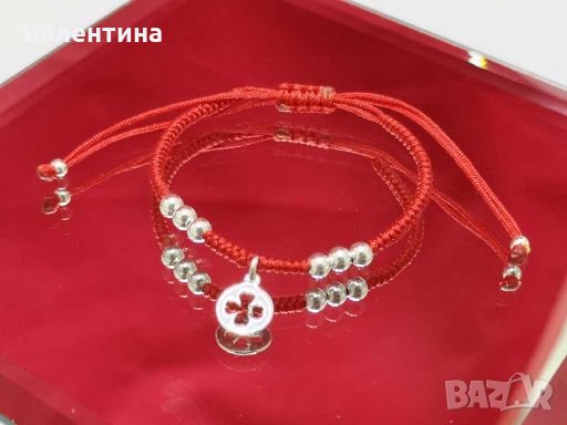  Дамска/детска гривна червен конец със сребърна детелина, снимка 1