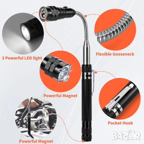 Магнитен телескопичен инструмент с LED – за трудно достъпни места, снимка 2 - Аксесоари и консумативи - 52677701