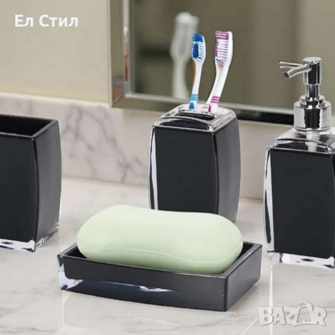 Комплект аксесоари за баня Cheffinger – 4 части, дозатор за сапун, чаша за четки и сапунерка, снимка 7 - Други стоки за дома - 53573346