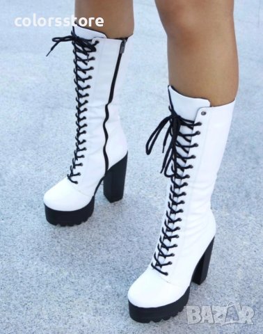 Ботуши на ток - бяла кожа с черно ходило - 593