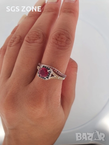 Двойни сребърни пръстени с опал и разпръснати сапфири, снимка 2 - Колиета, медальони, синджири - 52401232