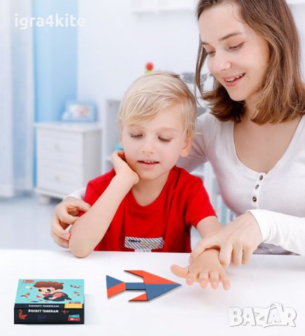 ХИТ! " Pocket tangram " 2бр. дървен Джобен танграм с шаблони в кутия, снимка 7 - Образователни игри - 40632532