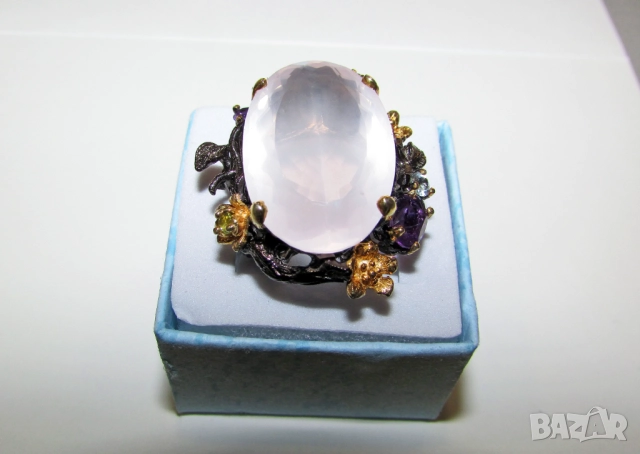 925 сребърен пръстен с 38 карата розов кварц, халка 7/55