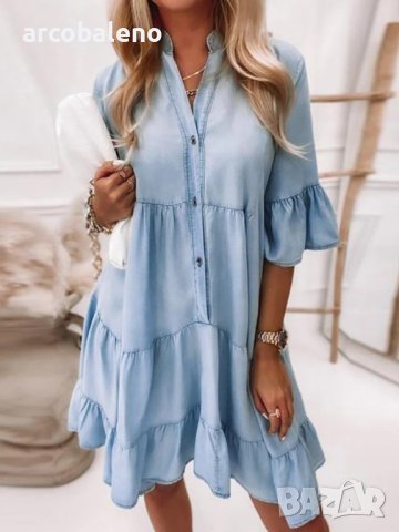 Дамска шифонена дънкова рокля с копчета отпред , снимка 2 - Рокли - 40671274