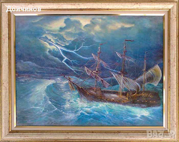 "Ноктюрно", морски пейзаж с платноход, картина, снимка 14 - Картини - 32552126