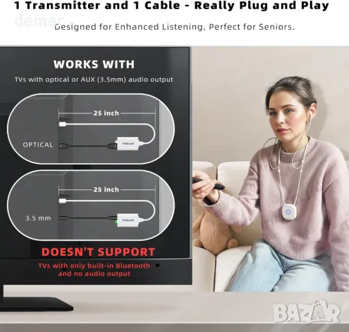 Безжични слушалки Holdsound за слушане на телевизия, с предавател, снимка 3 - Слушалки и портативни колонки - 50272363