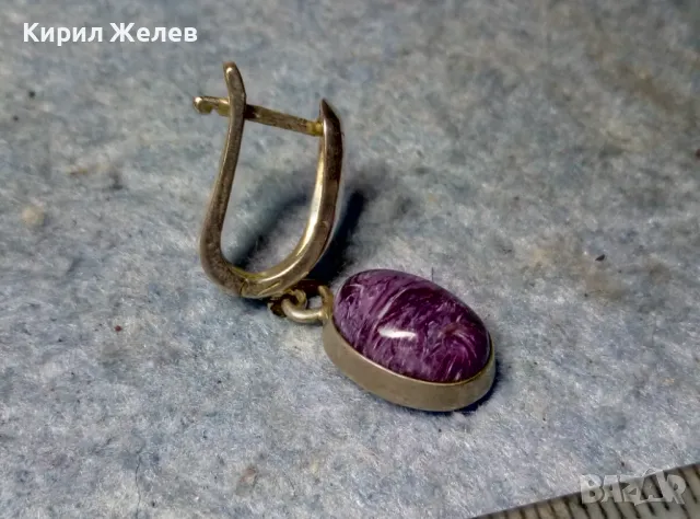 СТАРА ПОСРЕБРЕНА РЕТРО АРТ СТИЛ СКЪПОЦЕННА ОБЕЦА с ШЛИФОВАН АМЕТИСТ 47937, снимка 2 - Обеци - 49001779