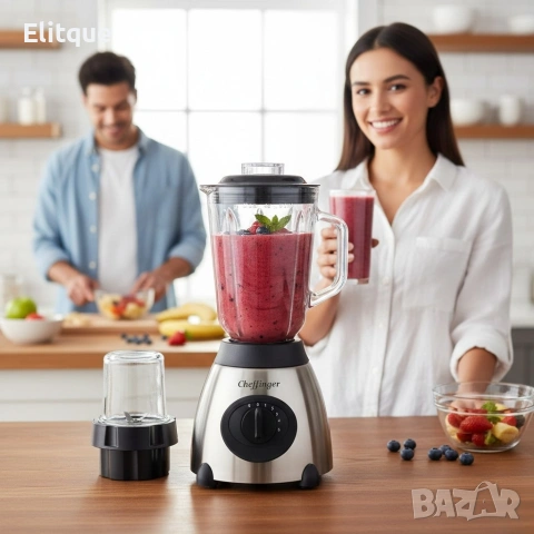 Блендер Cheffinger 1000 W – 1,5 л стъклена кана, мелачка 100 мл, корпус от неръждаема стомана, снимка 7 - Друга електроника - 53180313