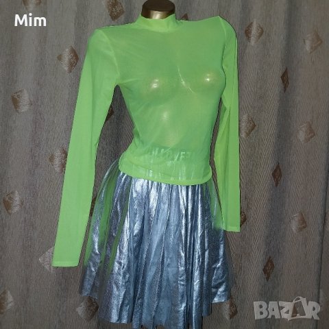S К- т Неоново зелена, прозрачна блуза от тюл и сребриста пола, снимка 1 - Поли - 43579685