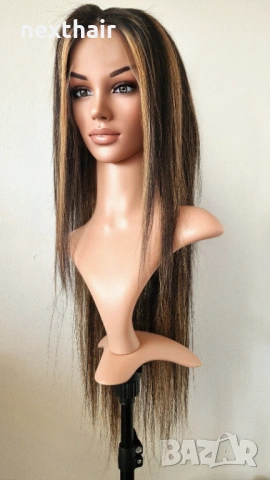 Черна естествена права перука 80 см с руси кичури - Lace Front 13x6, снимка 3 - Аксесоари за коса - 53136147