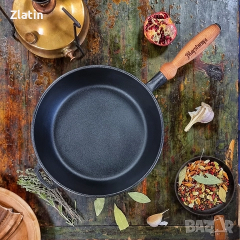 Чугунен тиган с дървена дръжка 24х4 см - Maysternya, снимка 2 - Съдове за готвене - 52300875