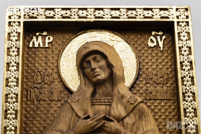 Релефна икона на Св. Богородица Знамение от масивен дъб, снимка 5 - Икони - 53223348