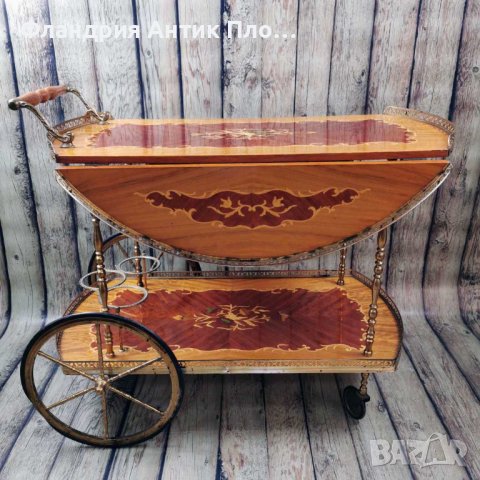 Старинна количка за сервиране с интарзия, снимка 3 - Антикварни и старинни предмети - 43322689