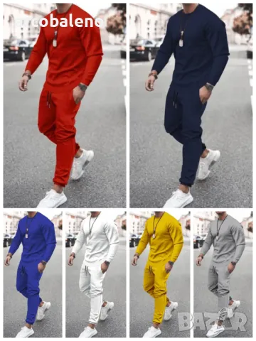 Мъжки едноцветен модерен ежедневен комплект от две части с дълъг ръкав, 9цвята