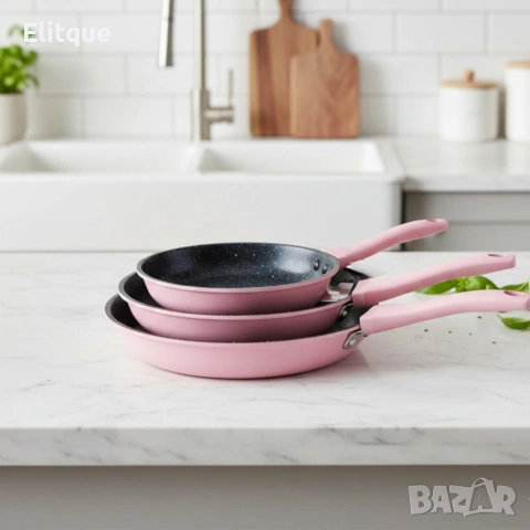Комплект тигани Cheffinger розово с мраморно покритие – 3 части за всяка кухня - розов цвят, снимка 7 - Съдове за готвене - 53120094