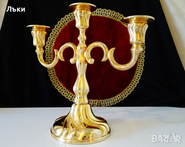 Позлатен троен свещник 1.1 кг.,барок. , снимка 3 - Антикварни и старинни предмети - 51488234