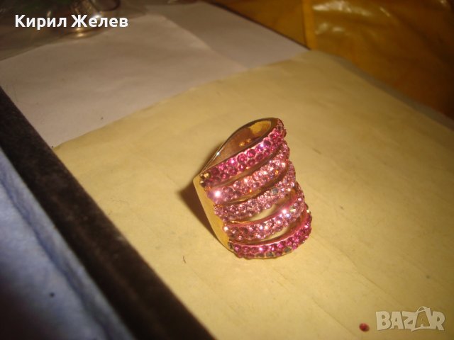 ПОЗЛАТЕН МЕДЕН АЖУРЕН МОДЕН АРТ ПРЪСТЕН с РОЗОВИ КРИСТАЛЧЕТА 5464, снимка 7 - Пръстени - 37510248