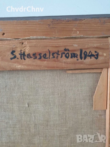 Haselstrom 48х40см/стара картина масло върху платно/натюрморт-цветя-свещник-книги/1943/дървена рамка, снимка 8 - Картини - 50823616