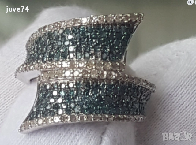 СРЕБЪРЕН ПРЪСТЕН СЪС СИНИ И БЕЛИ ДИАМАНТИ  СЕРТИФИКАТ
