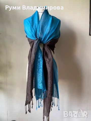 Синьо/ кафяв шал с 60 % лен и памук и 40 % вискоза