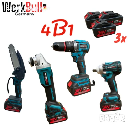 4в1 Комплект Акумулаторен трион 16 см шина, ъглошлайф 125ММ, гайковерт  винтоверт 36V  3 бр. батерии