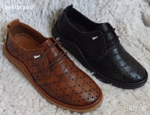 Обувки, естествена кожа, ластични връзки, код 603/68, снимка 1