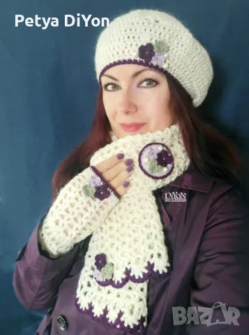 Ръчно плетен бял шал с теменужки, снимка 2 - Шалове - 48102633