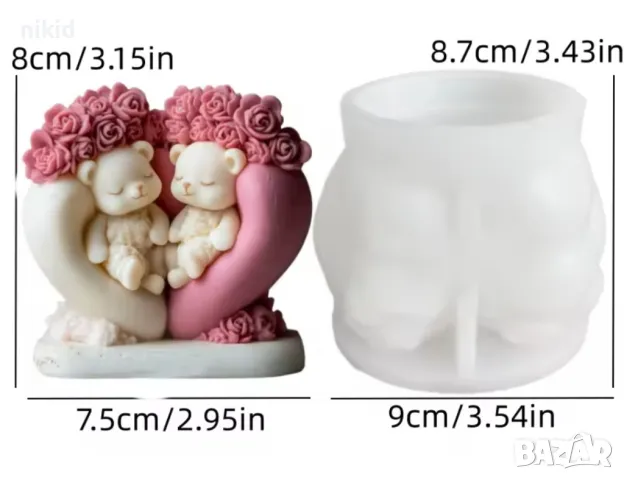 3D 2 мечета седнали в сърце с рози Силиконов молд фрома фондан свещ гипс сапун Свети Валентин