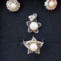 Сребърен комплект с перли / Сребърни обеци, висулка и пръстен / проба 925 , снимка 4 - Бижутерийни комплекти - 32661243