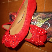  Ежедневни пантофки с панделка на свежи точки от еко кожа и велур   в червен цвят №37,38, снимка 5 - Дамски ежедневни обувки - 28801110