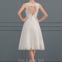 Сватбена рокля от тюл с А-силует илюзия до коляното с лъка(и), снимка 4 - Сватбени рокли - 36687033