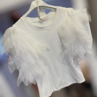 Ефектна дамска тениска с тюл в бяло , снимка 1 - Тениски - 43897559