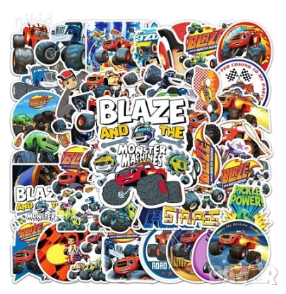 50 бр Blaze Monster Machines Пламъчко самозалепващи лепенки стикери за украса декор картонена торта, снимка 1