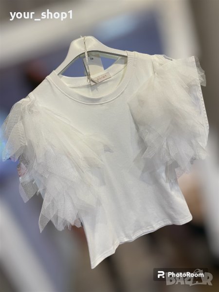 Ефектна дамска тениска с тюл в бяло , снимка 1