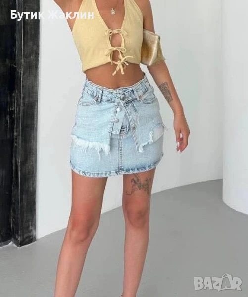 Пола деним с двойна талия, снимка 1