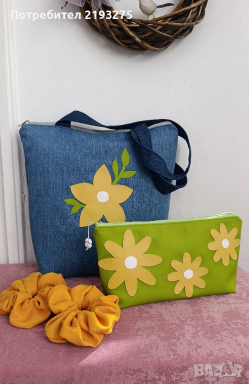 Чанта от рециклиран деним и несесер, снимка 1