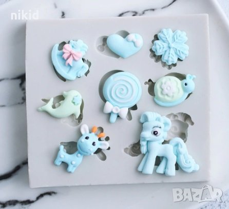 Микс пони делфин конче жираф снежинка охлюв силиконов молд форма за декорация и украса торта фондан, снимка 1