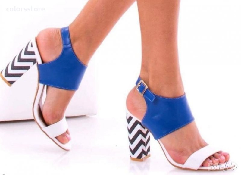 Сандали на ток - бели със синьо - 222, снимка 1