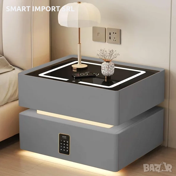 Интелигентно LED нощно шкафче с безжично зареждане Smart Heater, одирана ключалка, сив, снимка 1