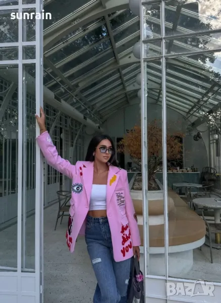 стилно дамско розово сако с щампи, снимка 1