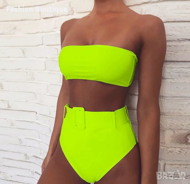 Неонов бански с висока талия с колан, снимка 1