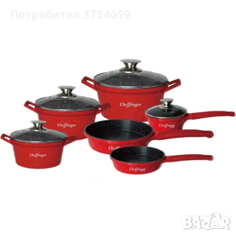 Премиум комплект съдове за готвене 12 части с мраморно покритие Cheffinger– Тенджери, тигани и касер, снимка 9 - Съдове за готвене - 53124115