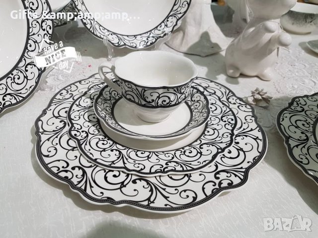 Красив порцеланов сервиз за хранене - бял с черен орнамент - 20 части, снимка 1 - Сервизи - 35636142
