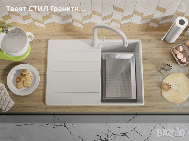 Бял кухненска мивка от гранит Копенхаген 40 Top 700х500, снимка 6 - Мивки - 50860937