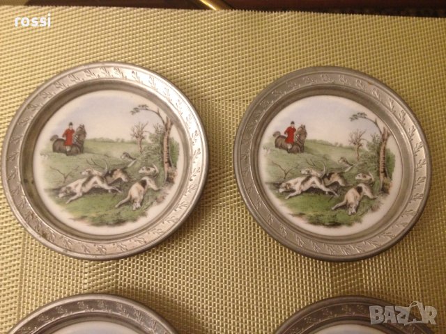 Нови! Старинни немски чинии ловна тематика рисуван порцелан и калай, чиния чинийки, снимка 3 - Антикварни и старинни предмети - 43170636