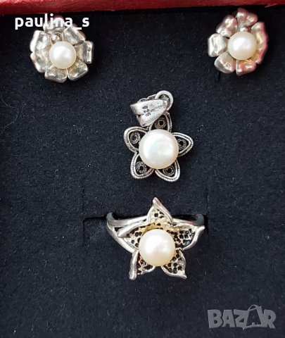 Сребърен комплект с перли / Сребърни обеци, висулка и пръстен / проба 925 , снимка 4 - Бижутерийни комплекти - 32661243