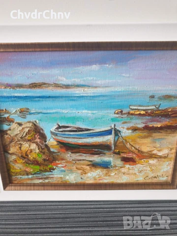 Димитър Генев 33x27см/малка българска картина масло върху платно/морски пейзаж/рибарски лодки, снимка 2 - Картини - 51153040